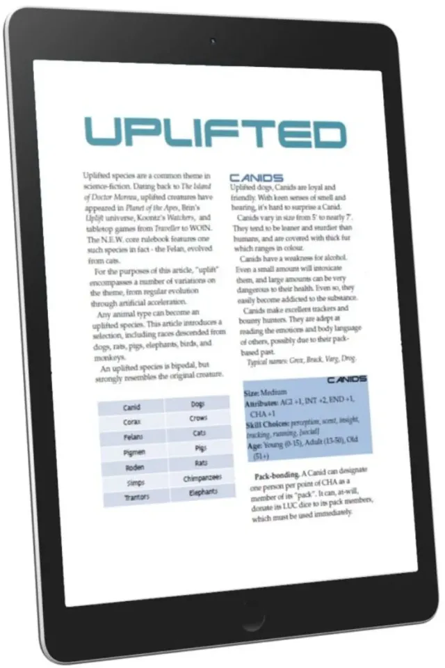 EN Publishing WOIN Uplifted rollspel PDF 6 raser