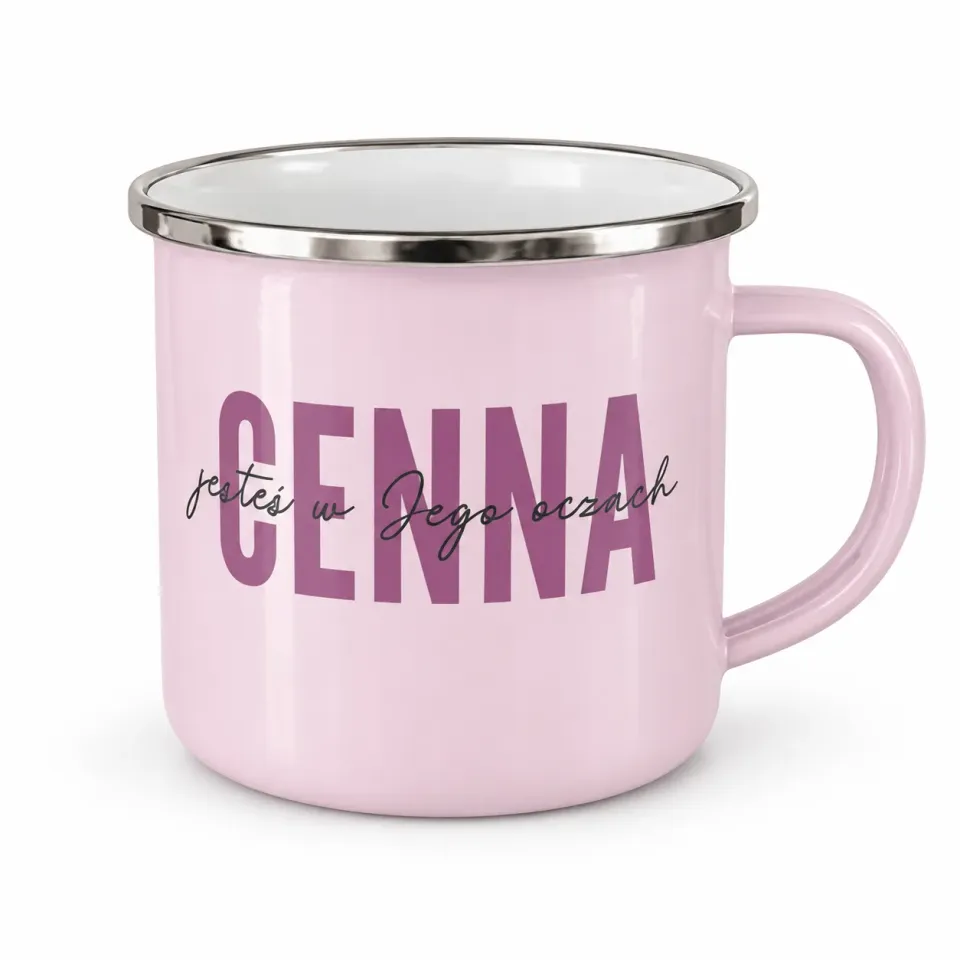 Sharon Cenna emaljmugg retro rosa med text