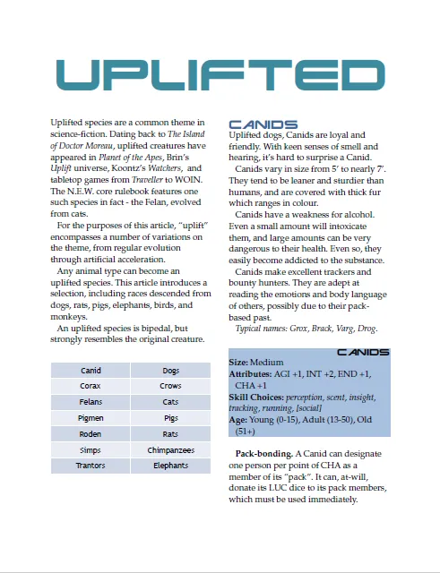 EN Publishing WOIN Uplifted rollspel PDF 6 raser
